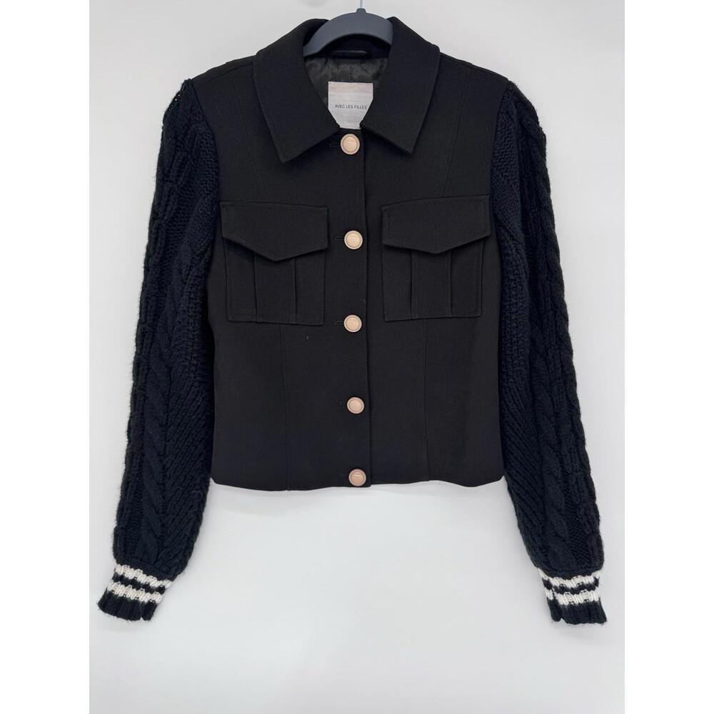 Avec Les Filles Black Blazer, Jacket, Knit Sleeves, Size XS Great Condition ￼
